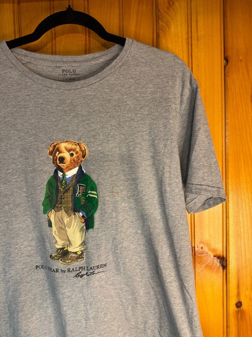 Vintage Polo by Ralph Lauren Gray Tee with Polo Bear in Green Jacket - Picture 8 of 13